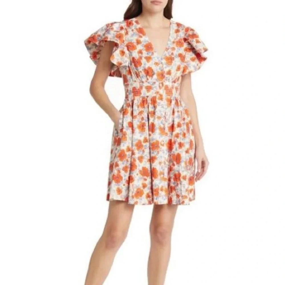 Chelsea28 Floral Ruffle Sleeve Dress in Orange and White